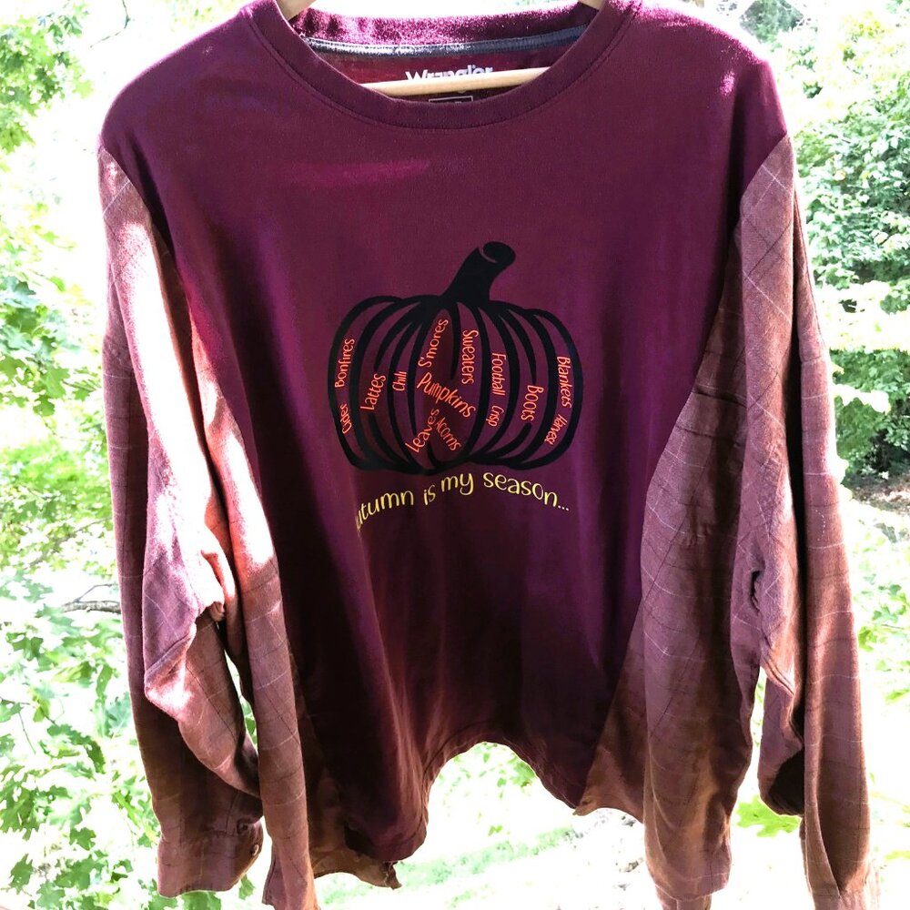 Upcycled Flannel Shirt Oversized Autumn Graphics Spliced Tee Fits XL 2X 3X - Picture 6 of 13